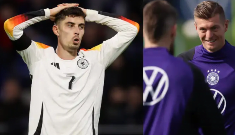 Toni Kroos can't help laughing as Arsenal star Kai Havertz has foot run over by car before Germany's statement win over France