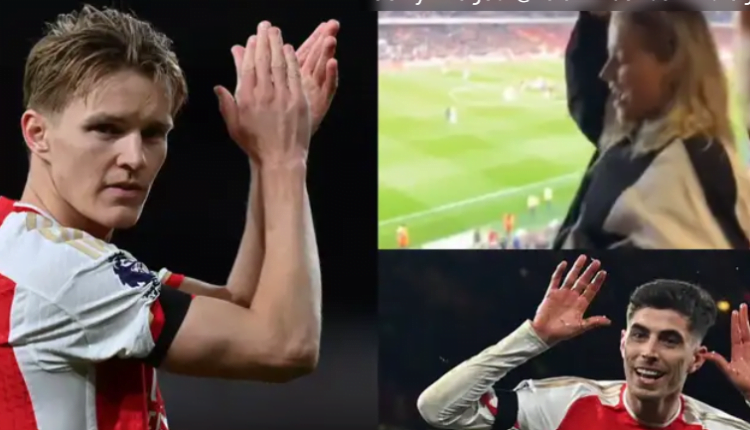 Martin Odegaard's girlfriend Helene Spilling hilariously dances along to Arsenal fans' 'Waka Waka' chant for Kai Havertz during 5-0 rout of Chelsea at the Emirates