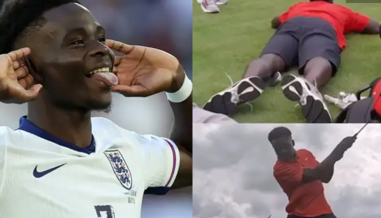 Arsenal star Bukayo Saka falls hilariously while praised for his golf shot at Euro 2024 camp, amusing his England teammates.